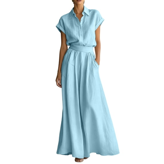 PBFRDSJ Women's Elegant Casual Wide Leg Jumpsuit Lapel Collar Short Sleeve High Waist Side Pockets for Daily Work Outdoor Wear