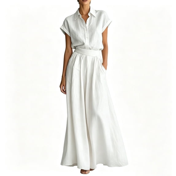 PBFRDSJ Women's Elegant Casual Wide Leg Jumpsuit Lapel Collar Short Sleeve High Waist Side Pockets for Daily Work Outdoor Wear