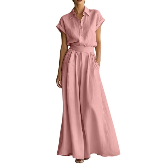PBFRDSJ Women's Elegant Casual Wide Leg Jumpsuit Lapel Collar Short Sleeve High Waist Side Pockets for Daily Work Outdoor Wear