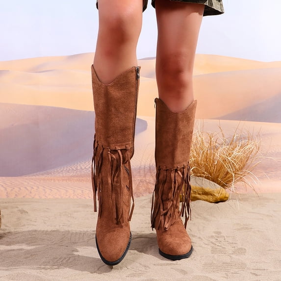 PBFRDSJ Women's Fringe Knee High Western Cowgirl Boots Pointed Toe Mid Claf Cowboy Boots Chunky Stacked Heel Western Boots