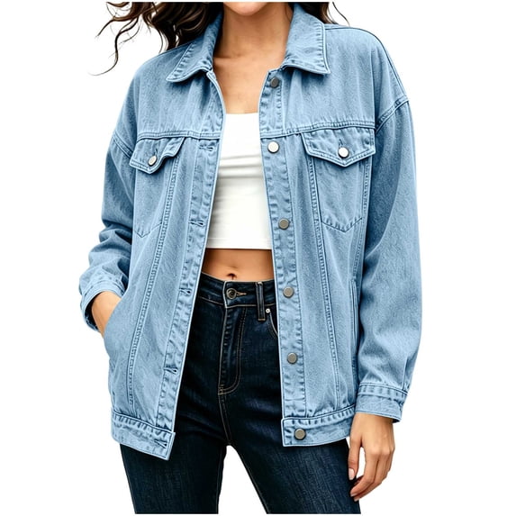 PBFRDSJ Women's Jean Jacket Classic White Basic Denim Jacket Button Down Lightweight Minimalist Long Sleeve Coat for Office Business Work
