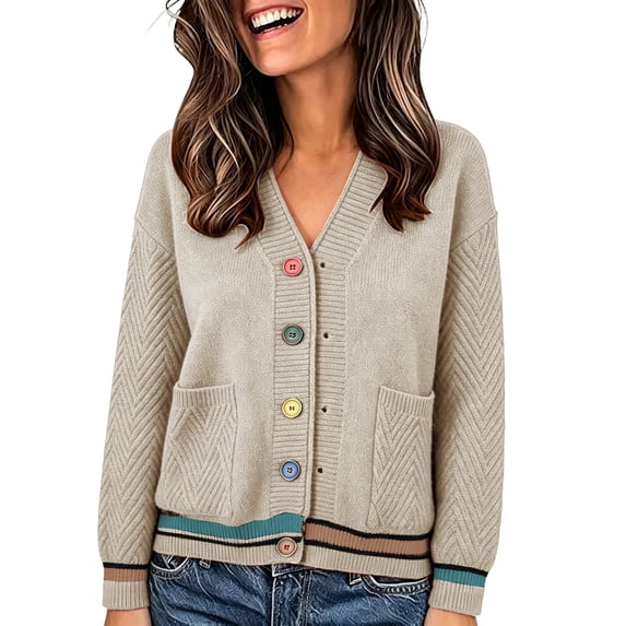PBFRDSJ Women's Knit Cardigan Sweaters Contrast Striped V Neck Colorful Button Open Front Sweater Long Sleeve Knit Outerwear with Pockets Free Sizes
