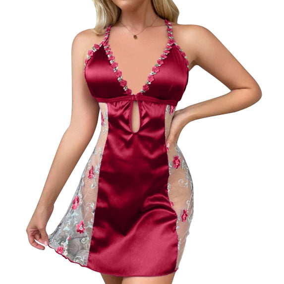 PBFRDSJ Women's Lingerie V Neck Satin Babydoll Sleepwear Sexy Lace Chemise Side Floral Sheer Nightgown
