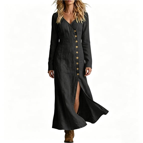 PBFRDSJ Women's Long Shirt Dress 3/4 Sleeve Side Slit Button Down Dress Loose Flowy Solid Beach Sundress