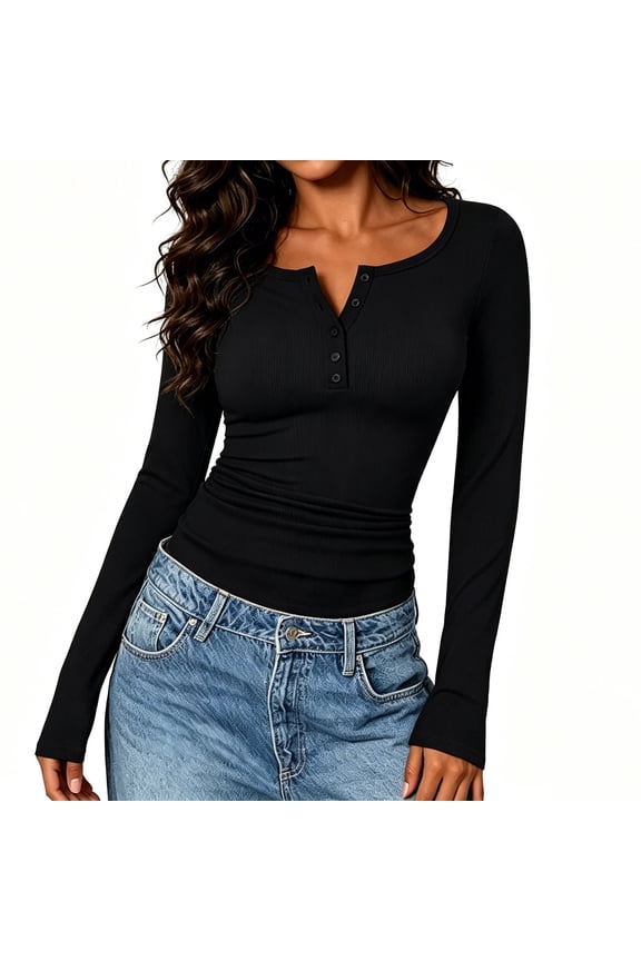 Women's Long Sleeve Henley Tops Stretch Ribbed Slim Fit Shirts Fall Winter Fashion Base Layer Shirts Basic Tee for Work Travel