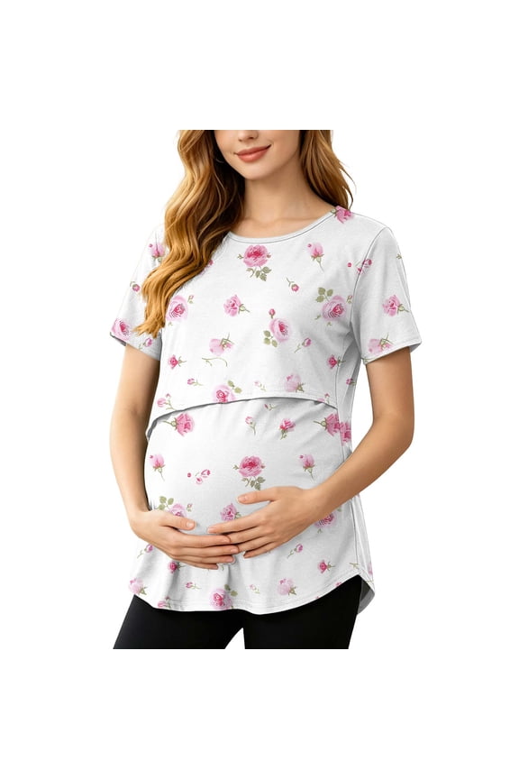 Women's Maternity Nursing Tops Short Sleeve Crew Neck Wrap Breastfeeding T-Shirt Loose Flowy Pregnancy Blouses