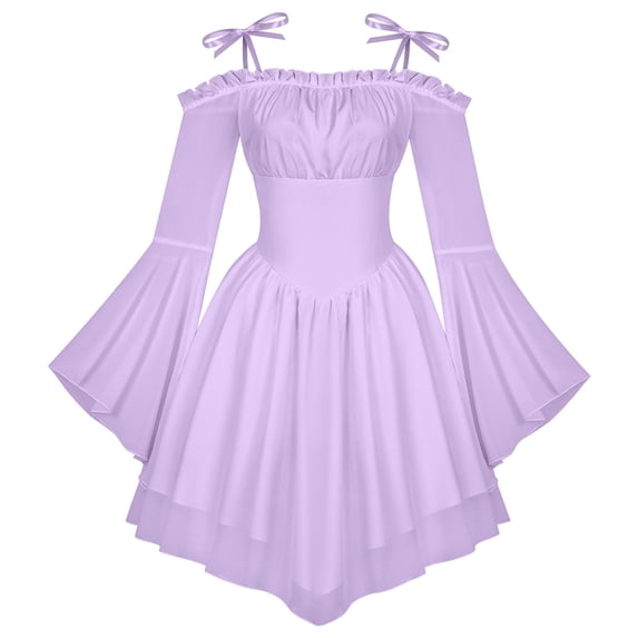 PBFRDSJ Women's Off Shoulder Bow Strap Mini Dress Ruffle Neck Bell Sleeve High Waist Irregular Hem Gothic Short Gown Elegant Party Outfit Sizes S-2XL