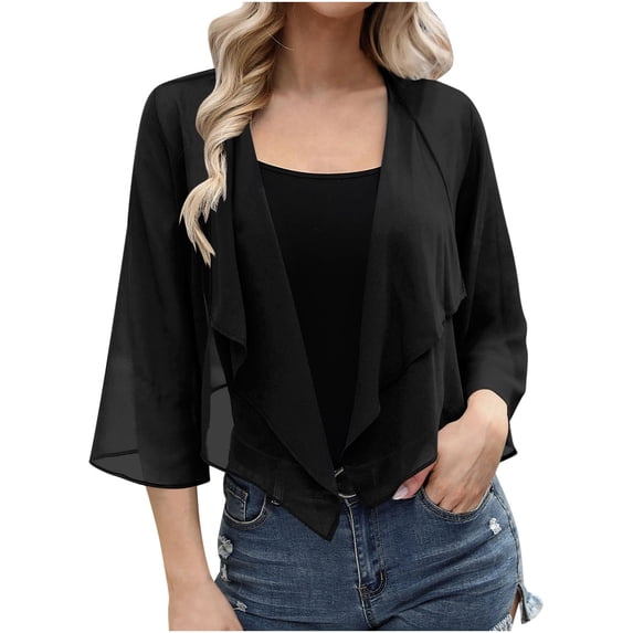 PBFRDSJ Women’s Open Front Shrug 3/4 Sleeve Sheer Cardigan Lightweight Chiffon Loose Cover Up for Office Business Dressy