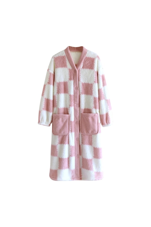 Women's Plush Long Robe Long Sleeve Button Down Plaid Warm Nightgown Winter Soft Loungewear for Spa Bath Lounge