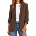 thumbnail image 1 of PBFRDSJ Women's Ruched 3/4 Sleeve Suit Jackets Casual Single Button Open Front Blazer Lightweight Slim Fit Business Office Outfits, 1 of 9
