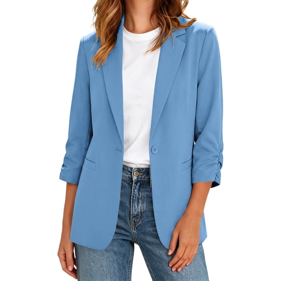 PBFRDSJ Women's Ruched 3/4 Sleeve Suit Jackets Casual Single Button Open Front Blazer Lightweight Slim Fit Business Office Outfits