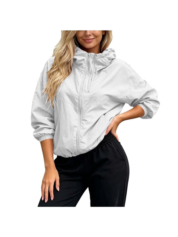 Women's Running Jackets Lightweight Full Zip Workout Hooded Jacket UPF 50+ UV Protect Long Sleeve Sport Coat with Pockets for Outdoor