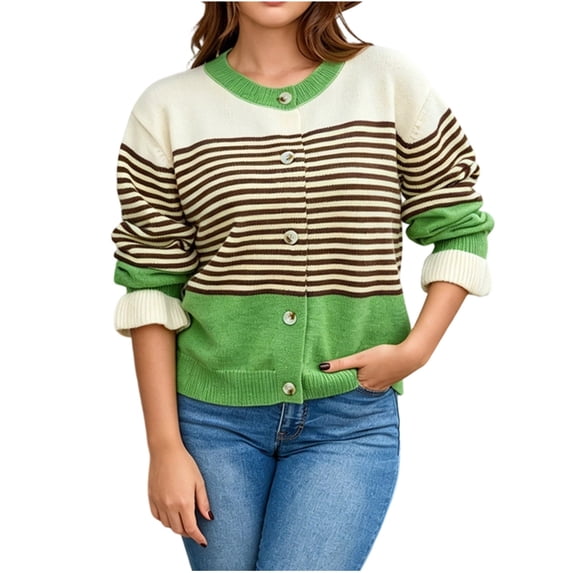PBFRDSJ Women’s Striped Open Front Cardigan Long Sleeve Crew Neck Button Down Knit Sweater Retro Casual Wool Tops