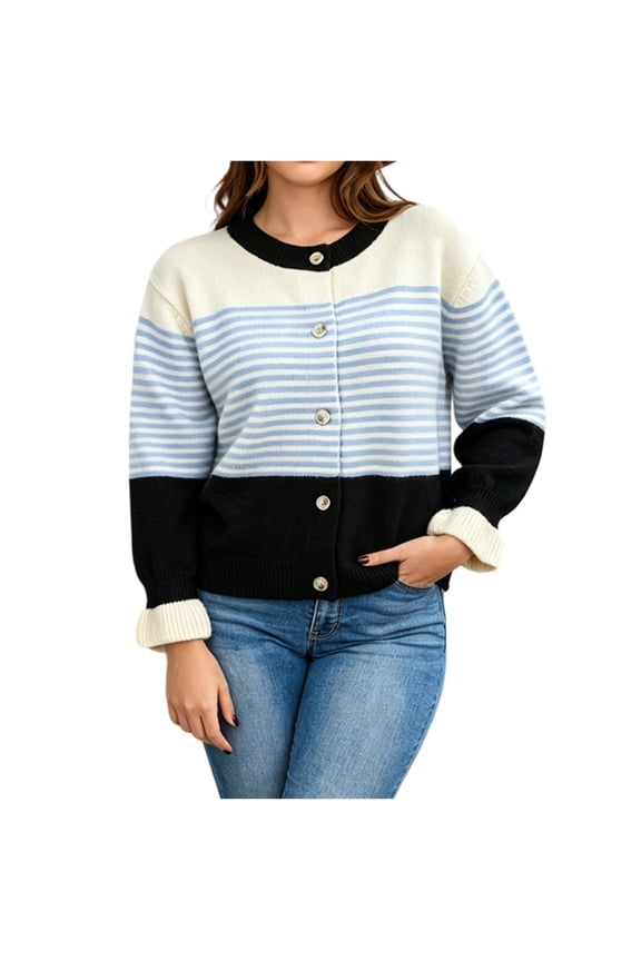 Women’s Striped Open Front Cardigan Long Sleeve Crew Neck Button Down Knit Sweater Retro Casual Wool Tops