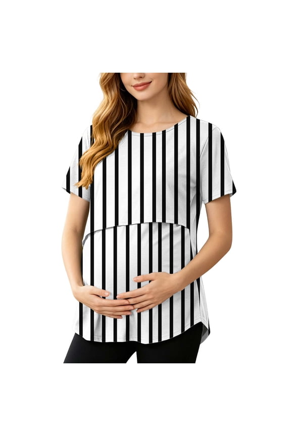 Women's Stripes Blouses Tops Lightweight Postpartum Breastfeeding T-Shirt Short Sleeve Crew Neck Summer Loose Tees