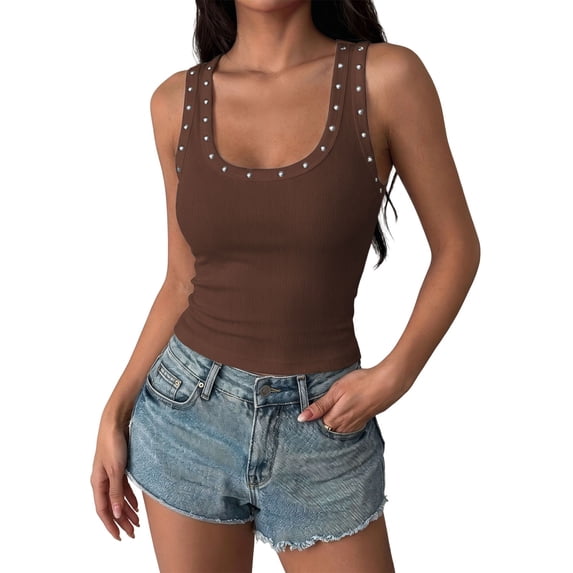 PBFRDSJ Women's Studded Ribbed Tank Top Y2k Punk Grunge Square Neck Vest Sleeveless Slim Crop Tops for Going Out Casual