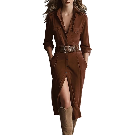 PBFRDSJ Women's Suede Long Shirt Dresses Lapel Long Sleeve Solid Color Casual Loose Midi Fall Spring Dresses with Belt