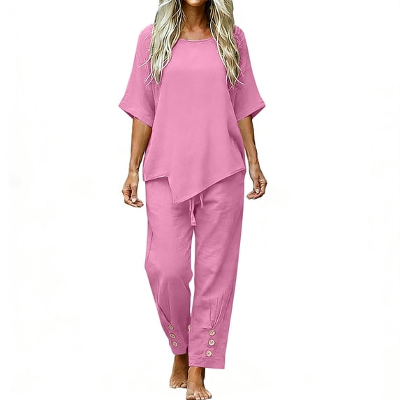 PBFRDSJ Women's Summer And Linen Set Casual Round Neck Top+wide Leg Pants Set Two-piece Set