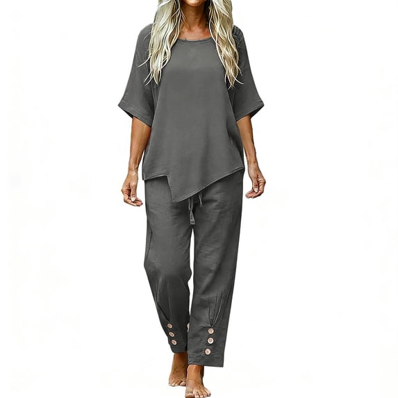PBFRDSJ Women's Summer And Linen Set Casual Round Neck Top+wide Leg Pants Set Two-piece Set