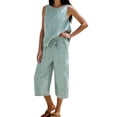 thumbnail image 1 of PBFRDSJ Women's Summer Striped Two Piece Cotton Outfit Round Neck Sleeveless Tops Matching Drawstring Wide Leg Capri Pants Set Vacation Beach Lounge Outfits, 1 of 4