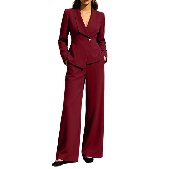 PBFRDSJ Women's Two Piece Business Suit Set Long Sleeve Shawl Collar Blazer High Waist Wide Leg Pants for Office Work formal Wear