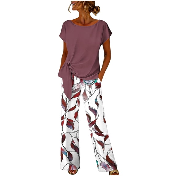 PBFRDSJ Women's Two Piece Outfit Short Sleeve Round Neck Tie Front Top Loose Wide Leg Pants Casual Set for Daily Wear Vacation