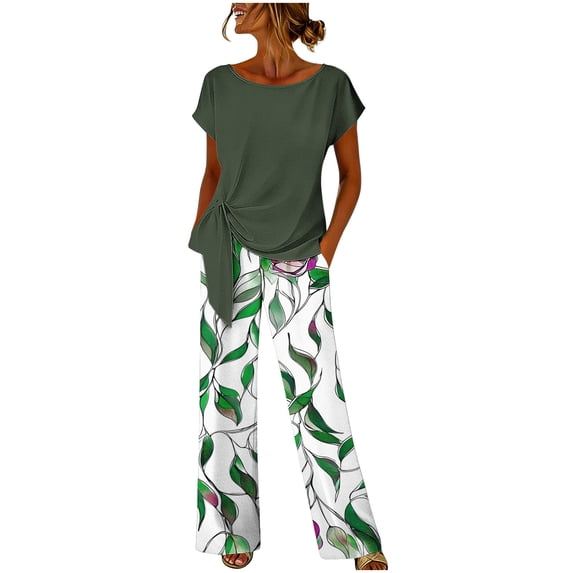 PBFRDSJ Women's Two Piece Outfit Short Sleeve Round Neck Tie Front Top Loose Wide Leg Pants Casual Set for Daily Wear Vacation
