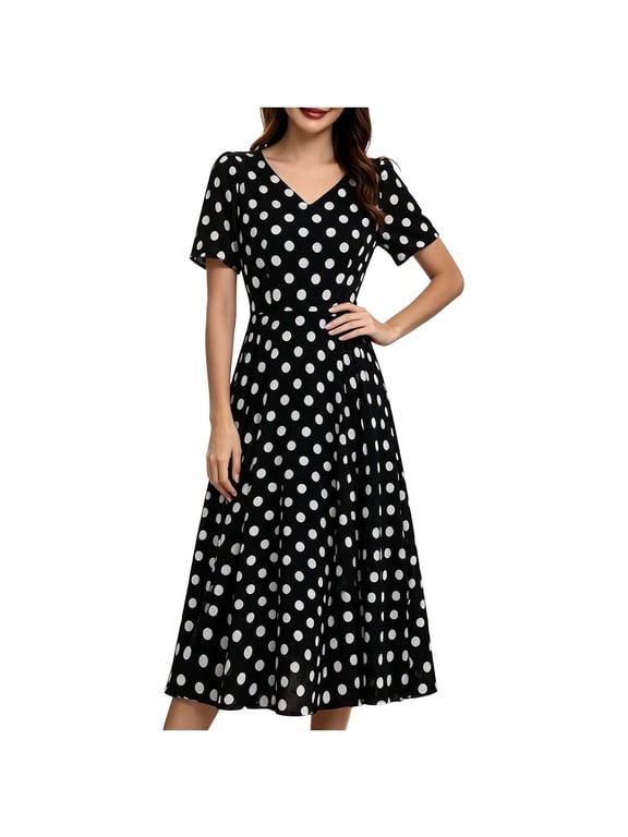 Women's V Neck Polka Dot Midi Dress Short Sleeve Waist Flared A Line Dress 50s Cocktail Dress Sizes M-3XL