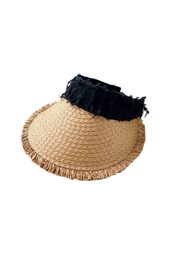Women's Wide Brim Sun Hat Frayed Brim Straw Summer Beach Sun Visor No Hair Crease Lightweight Breathable Ponytail Hat for Beach Vacation Travel