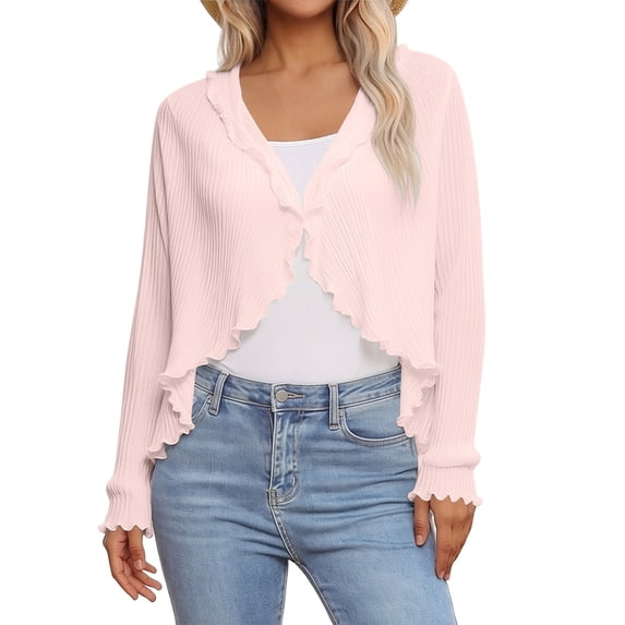 PBFRDSJ Women's Y2K Open Front Cardigan Textured Lettuce Trim Long Sleeve Loose Streetwear Chiffon Cover Up