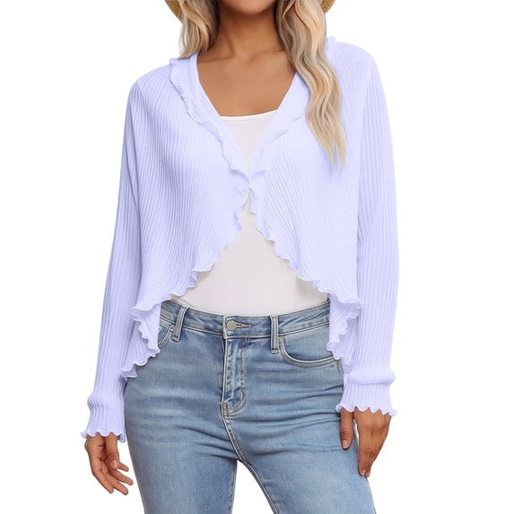PBFRDSJ Women's Y2K Open Front Cardigan Textured Lettuce Trim Long Sleeve Loose Streetwear Chiffon Cover Up