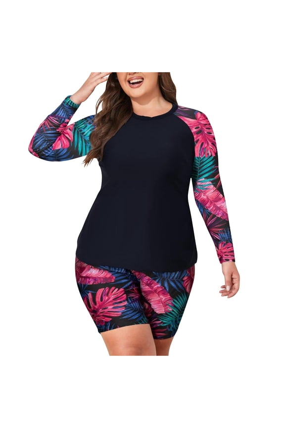Womens 2 Piece Plus Size Rash Guard Swimwear UPF 50+ Sun Protection Surf Swim Shirts with Boyshort