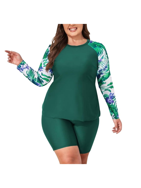 Womens 2 Piece Plus Size Rash Guard Swimwear UPF 50+ Sun Protection Surf Swim Shirts with Boyshort