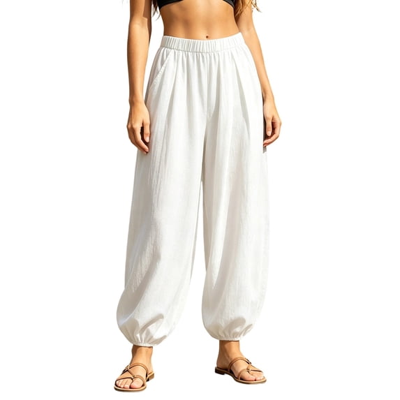 PBFRDSJ Womens Balloon Pants Cotton Linen Loose Harem Pants Elastic High Waist Wide Leg Barrel Bottoms with Pockets