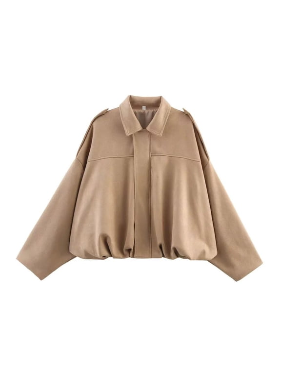 Womens Bomber Jacket Faux Suede Solid Color Pleated Streetwear Outerwear Oversized Long Sleeve Lapel Crop Jacket