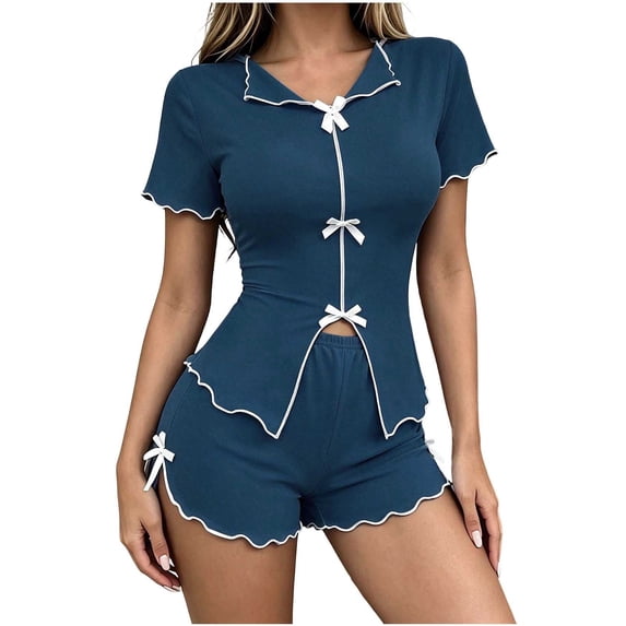 PBFRDSJ Womens Button Down Pajamas Set Lapel Short Sleeve Wave Trim Slim Top and Soft Shorts Lounge Pjs Sets Sizes S-XL