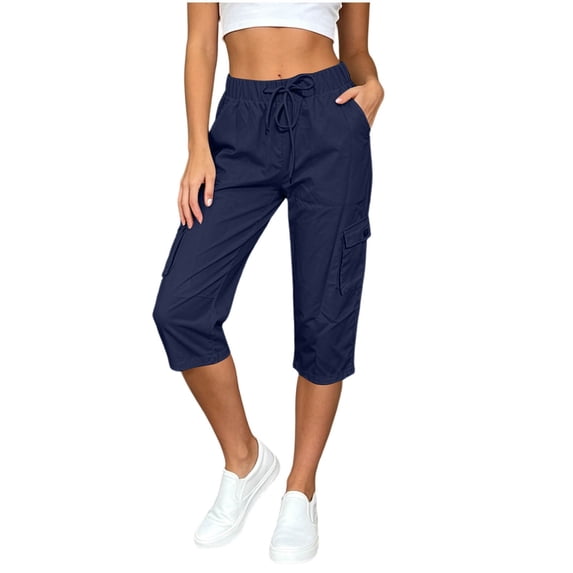 PBFRDSJ Womens Capris with Pockets Loose Casual Cargo Hiking Pants Outdoor Golf Drawstring Capris