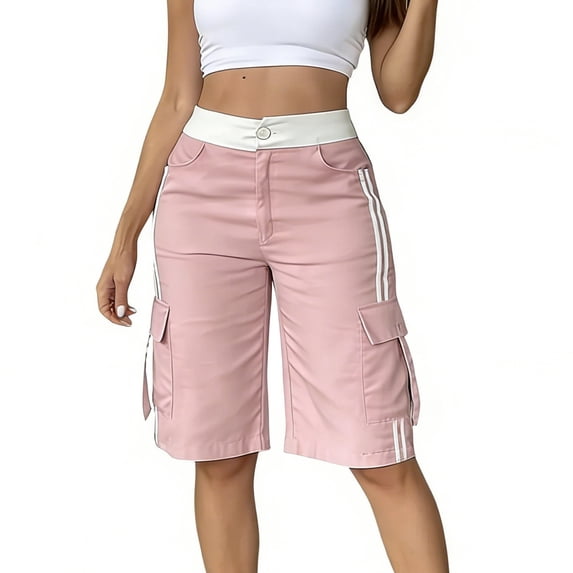 PBFRDSJ Womens Cargo Shorts Casual Knee Length High Waisted Shorts Stretch Loose Color Block Work Bottom with Pockets