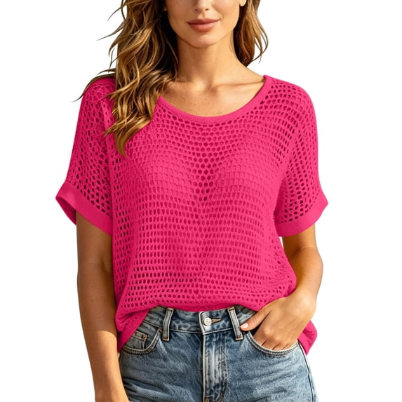 PBFRDSJ Womens Crochet Cover Up Open Knit Half Sleeve Beach Shirts Lightweight Breathable Round Neck Vacation Clothes