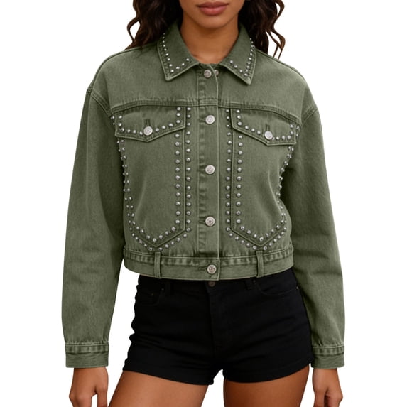 PBFRDSJ Womens Cropped Denim Jacket Button Down Long Sleeve Studded Jean Coat Western Distressed Cotton Jean Jacket