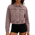 thumbnail image 1 of PBFRDSJ Womens Cropped Denim Jacket Button Down Long Sleeve Studded Jean Coat Western Distressed Cotton Jean Jacket, 1 of 6