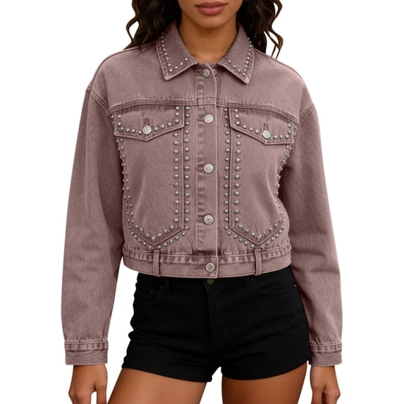 PBFRDSJ Womens Cropped Denim Jacket Button Down Long Sleeve Studded Jean Coat Western Distressed Cotton Jean Jacket