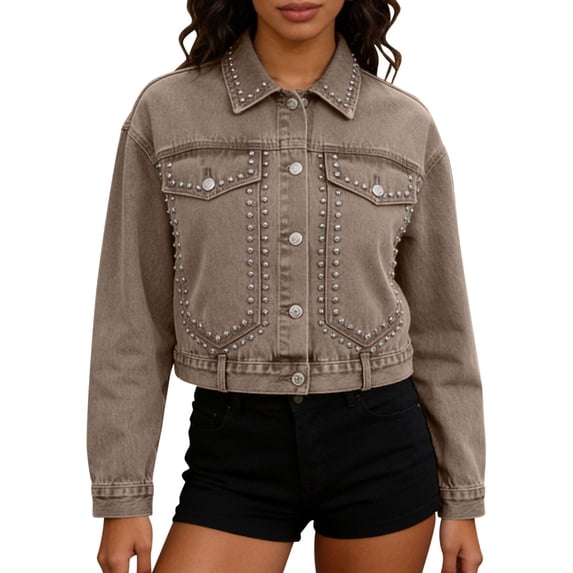 PBFRDSJ Womens Cropped Denim Jacket Button Down Long Sleeve Studded Jean Coat Western Distressed Cotton Jean Jacket