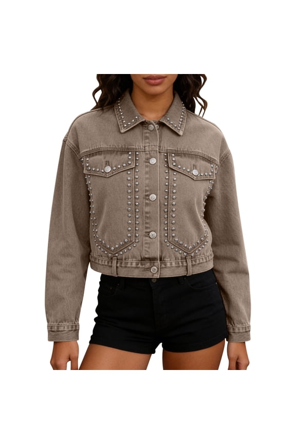 Womens Cropped Denim Jacket Button Down Long Sleeve Studded Jean Coat Western Distressed Cotton Jean Jacket