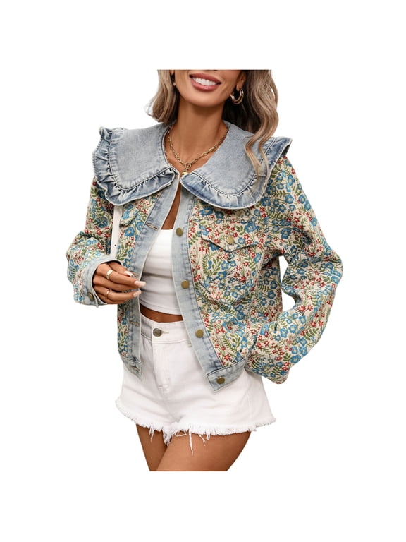 Womens Denim Bomber Jacket Vintage Floral Embroidered Peter Pan Collar Jean Jacket Button Down Denim Shacket