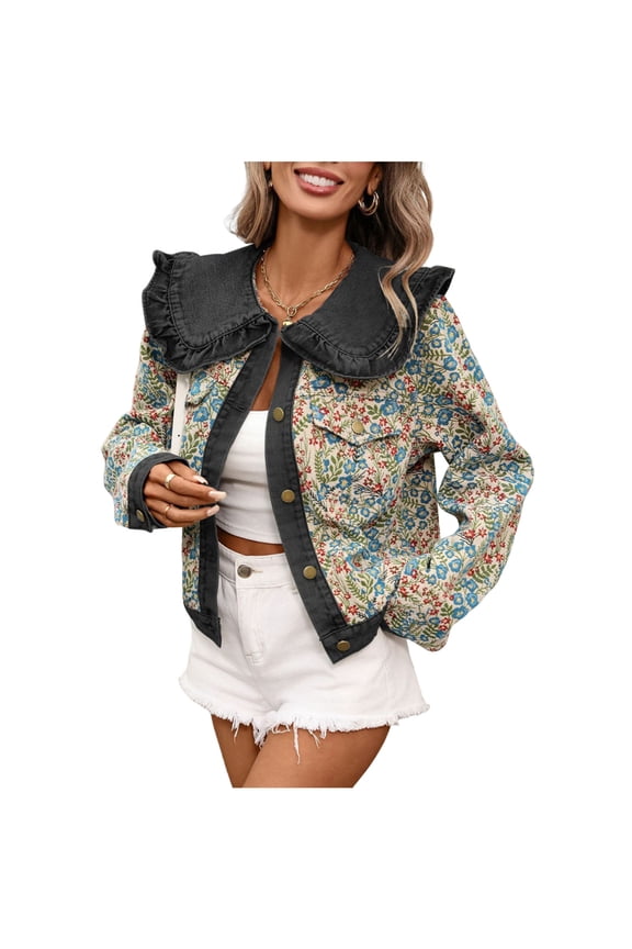 Womens Denim Bomber Jacket Vintage Floral Embroidered Peter Pan Collar Jean Jacket Button Down Denim Shacket