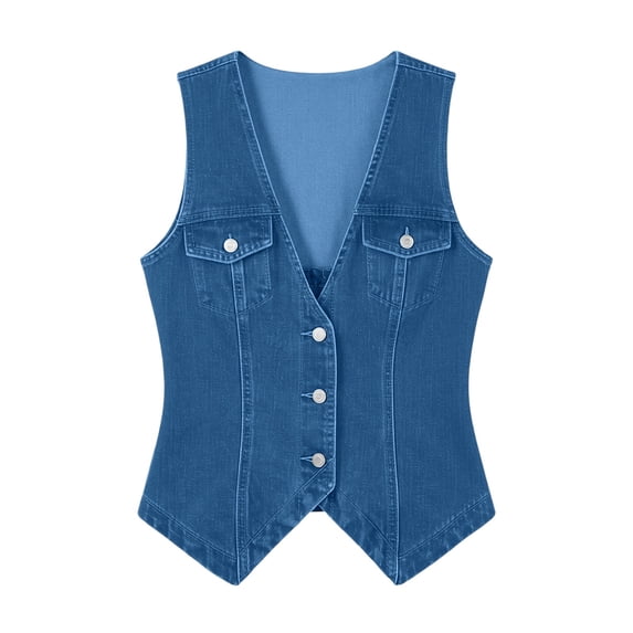 PBFRDSJ Womens Denim Vest Deep V Neck Sleeveless Button Down Jean Waistcoat Slim Retro Casual Jacket with Chest Pockets