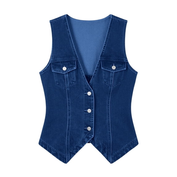 PBFRDSJ Womens Denim Vest Deep V Neck Sleeveless Button Down Jean Waistcoat Slim Retro Casual Jacket with Chest Pockets