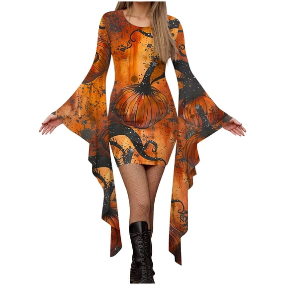 PBFRDSJ Womens Halloween Costume Boho Long Sleeve Casual Crewneck Dress Fashion Pumpkin Print Gown Dress