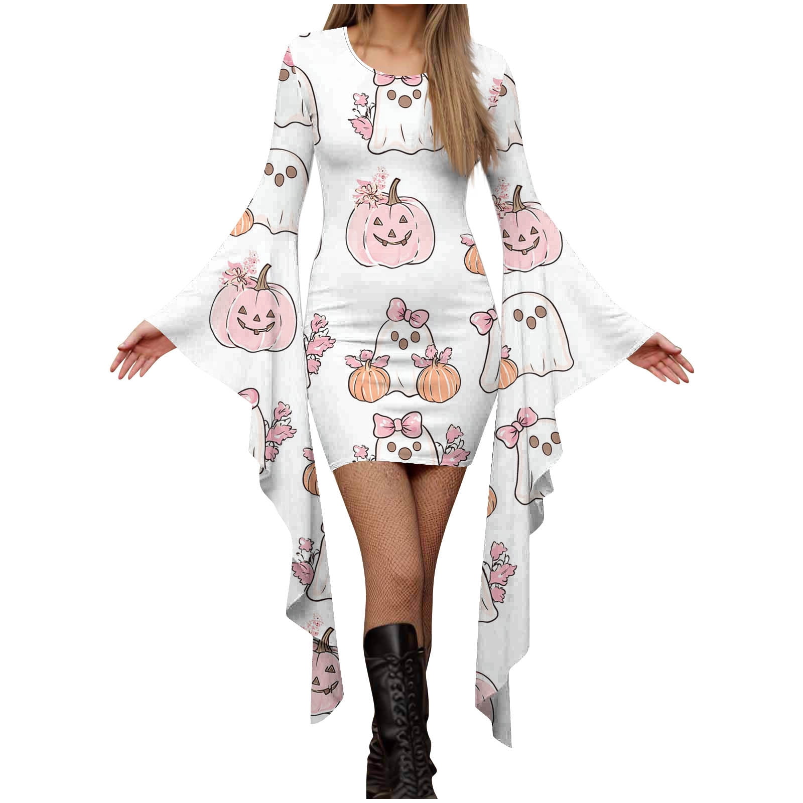 PBFRDSJ Womens Halloween Mini Dress Long Flared Sleeve Fitted Dress Cute Pumpkin Ghost Printed Bodycon Dress